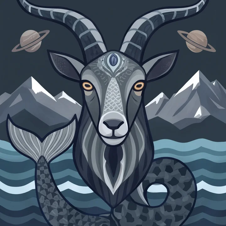 Capricorn, a sign Saturn rules, drawn in Indian folk style