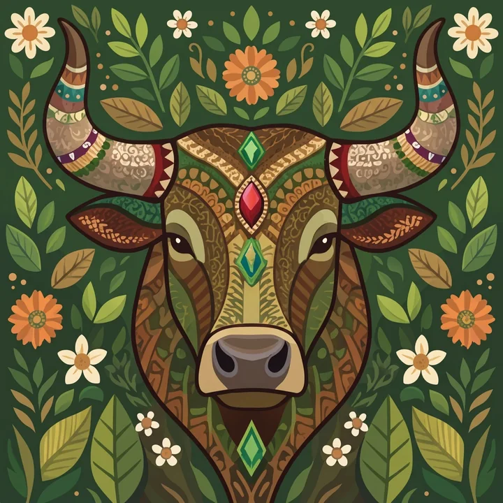 Taurus, a sign Venus rules, drawn in Indian folk style